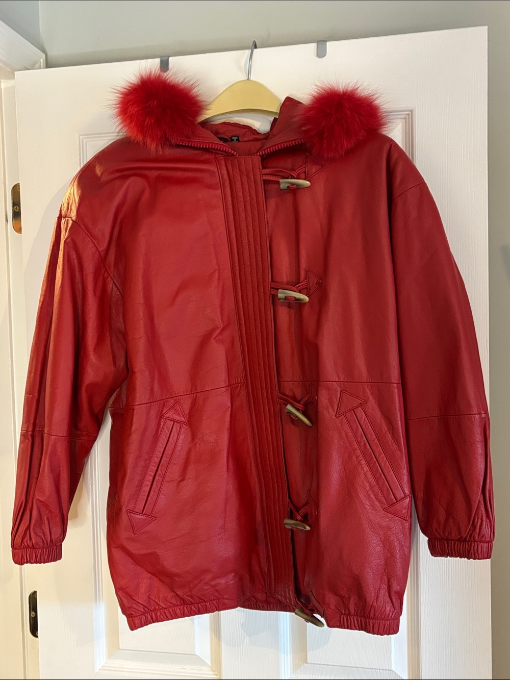 Jacqueline Ferrar Red Leather Hooded Toggle Coat with Fur Trim M (Runs Large)